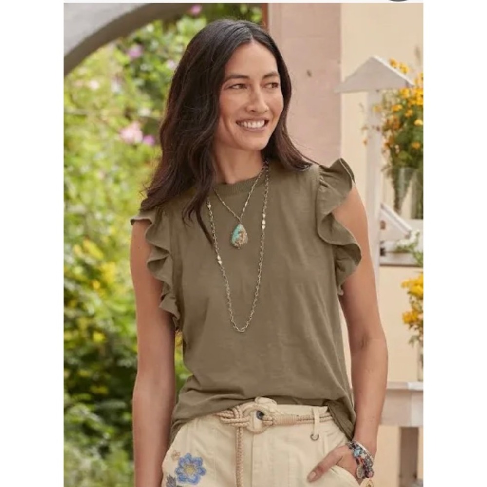 Sundance Tee Ruffle Sleeves Olive Casual Quiet Luxury NWT